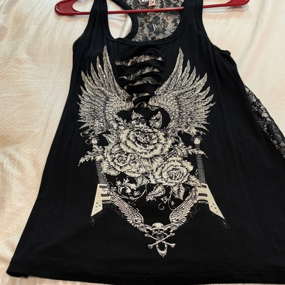 Black Lace-Back Graphic Tank Top with Winged Rose Print - Picture 1 of 3